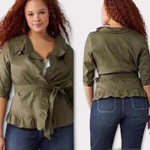 NWT Lane Bryant Stretch Linen Jacket Green Lightweight Ruffle Feminine 26 3X 4X